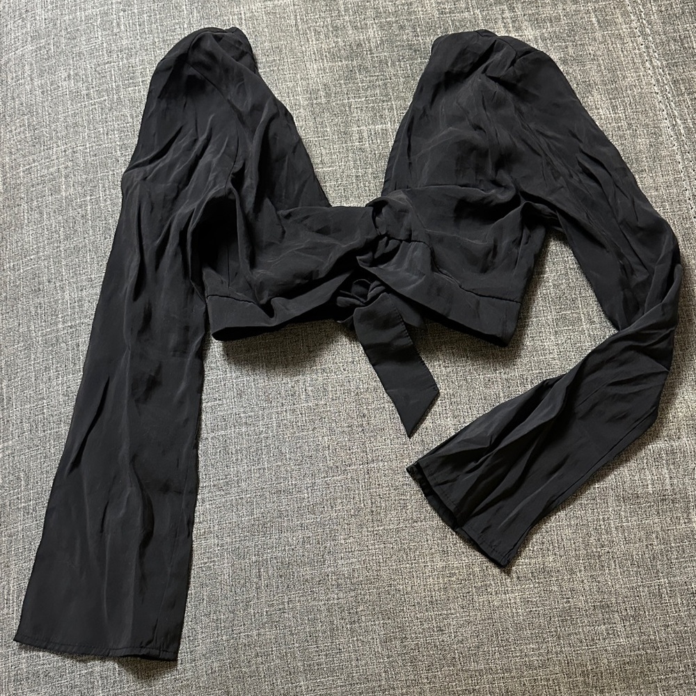 Divided Black Tie-Front Blouse